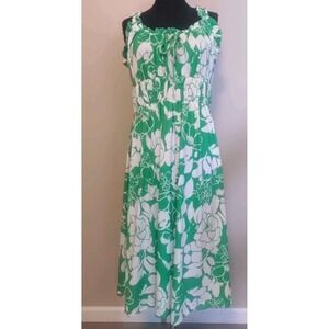 Kate Kasin Green White Floral Elastic Waist Ruffled Shoulder Zip Dress Size L